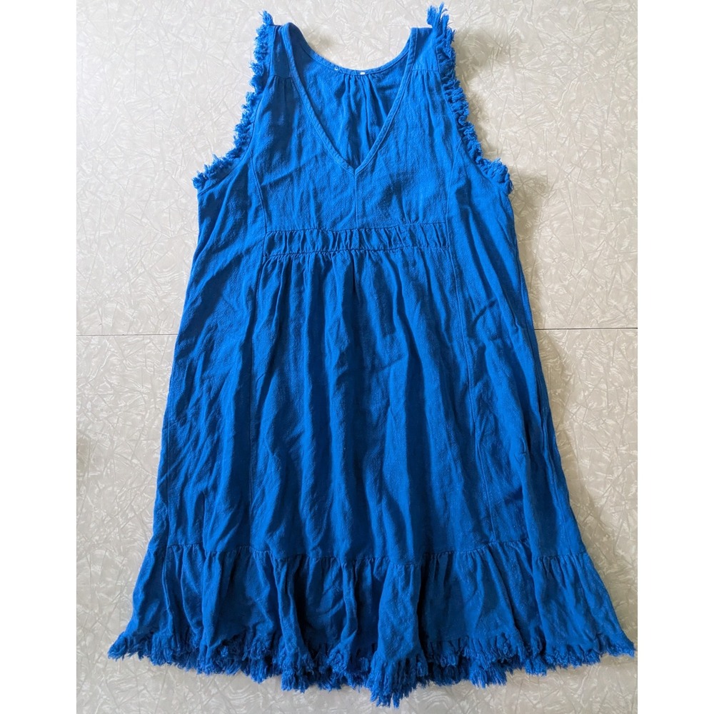 Blue Linen Blend Fringe Trim Tiered V-Neck Sleeveless Mini Dress Size Small